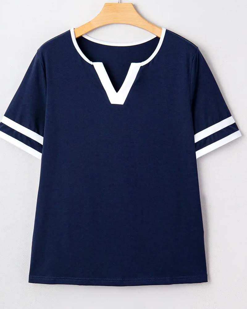T-Shirt Petit Col V À Bloc De Couleur