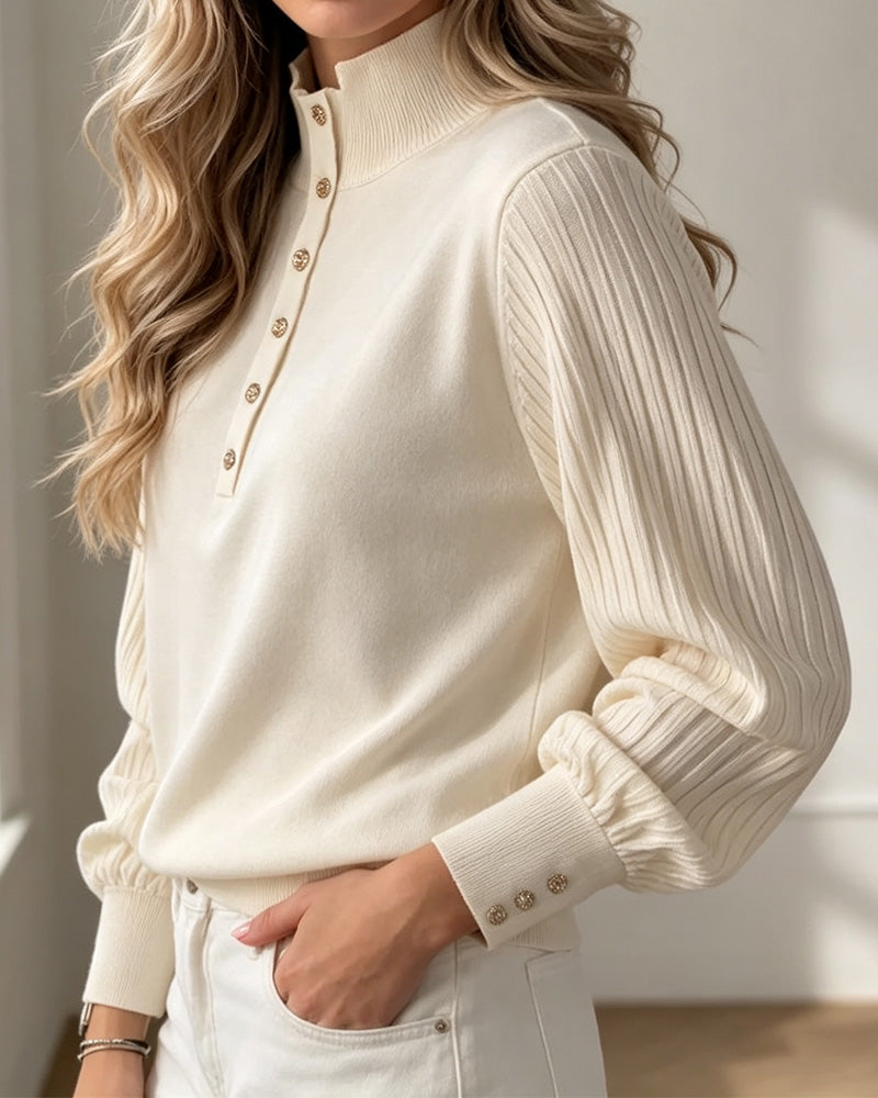 Pullover Col Roulé Bouton Côtelé Manches Bouffantes Pull