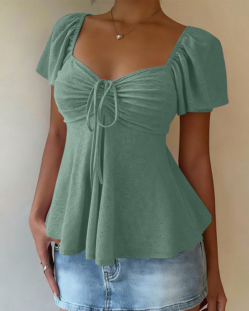 Blouse Ajourée Cordon Manches Courtes Unie