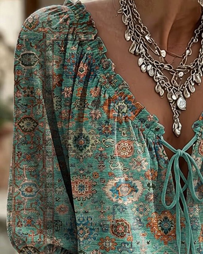 Blouse Col V Attache Vintage Imprimé