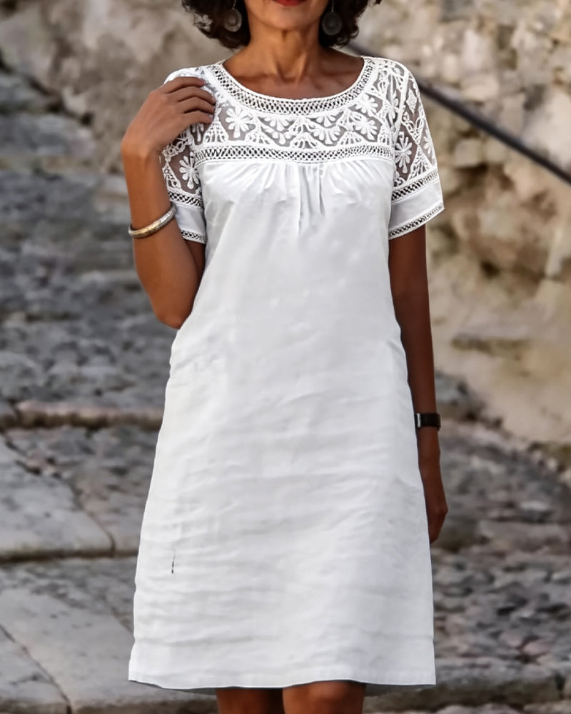 Robe Col Rond Dentelle Patchwork Décontractée