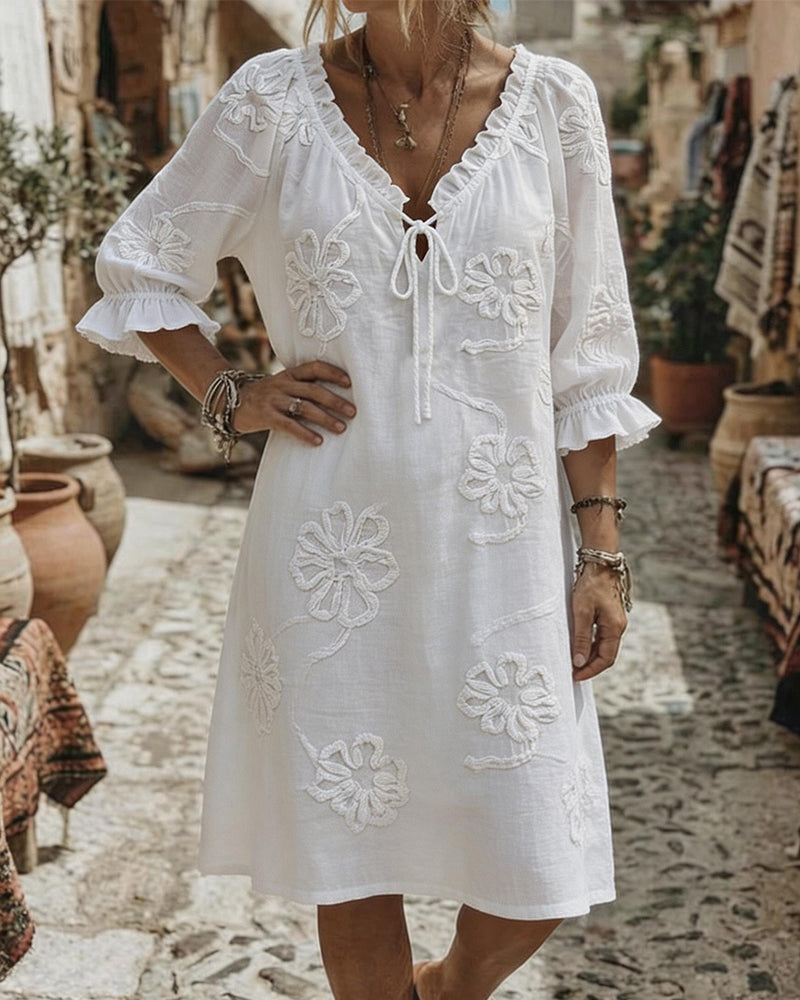Robes Col V Volant Attacher 3D Floral