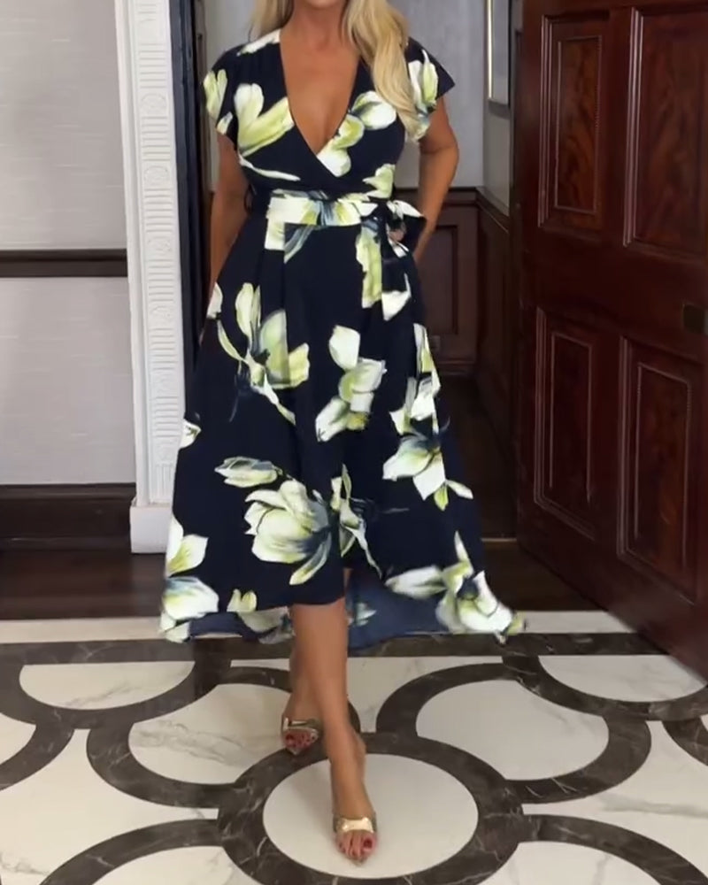 Robe Col En V Imprimé Floral Taille À Manches Courtes