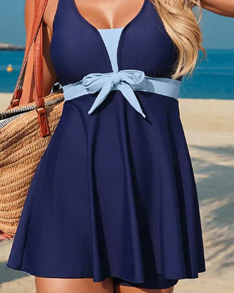 Tankini Blocage De Couleur Nœud Jupe