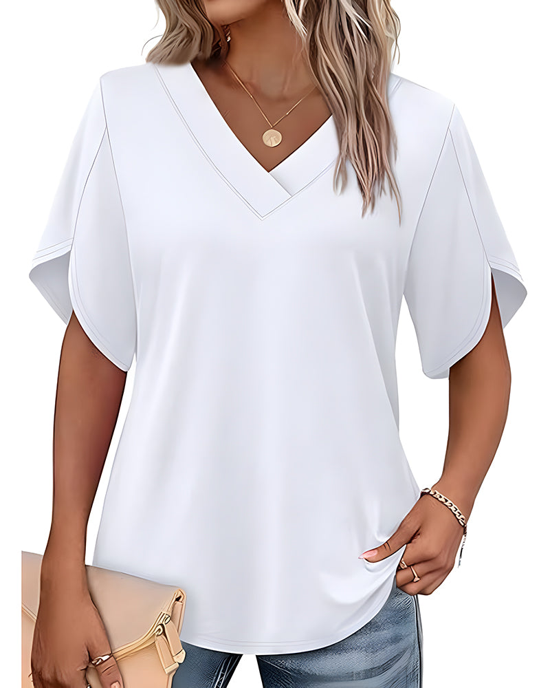 T-Shirt Col En V Petite Fente Manches Courtes Unie