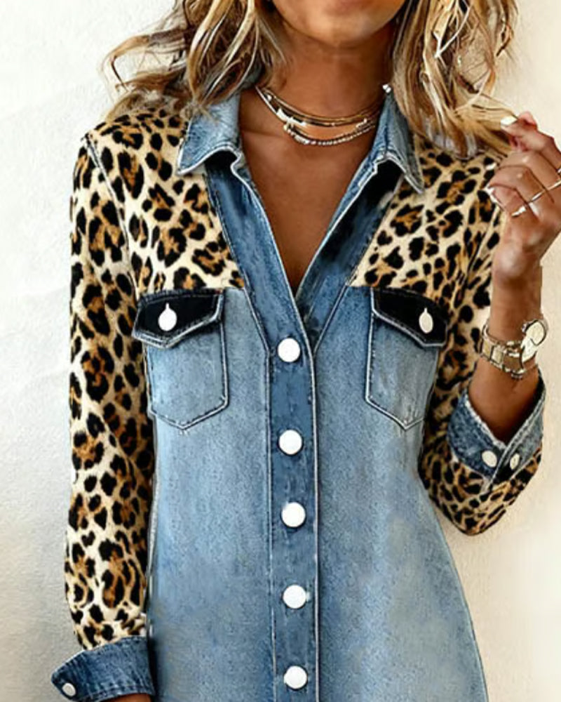 Robe Col Chemise Léopard Patchwork
