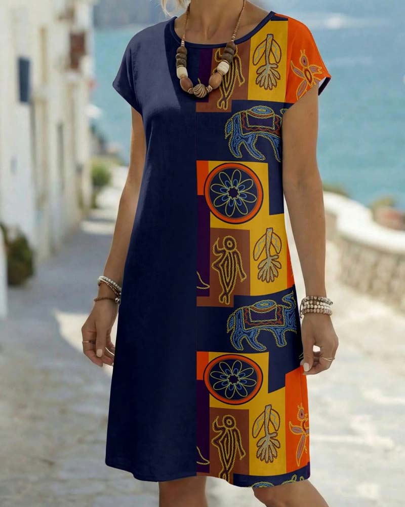 Robes Ethnique Imprimé Manches Courtes Droite