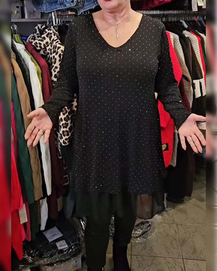 Robe Col V Paillettes Fines Maille Patchwork Loose