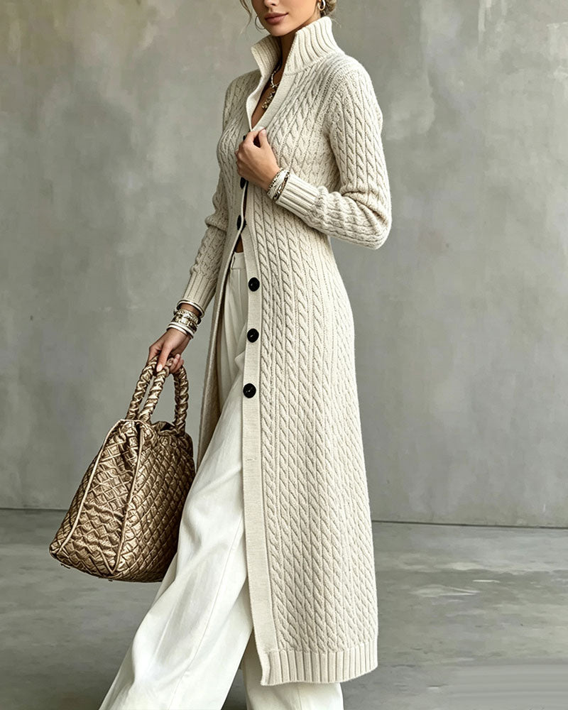 Cardigan Col Montant Tresse Bouton Long