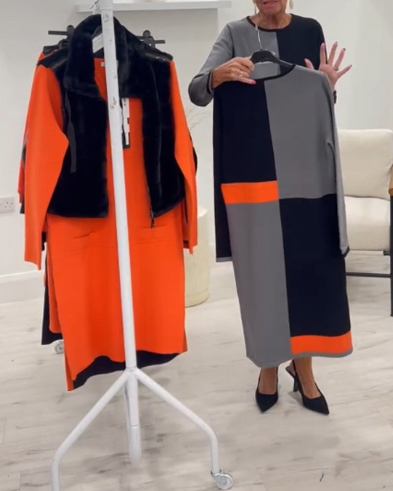 Robe élégante à col rond et à quatre carrés assortis de couleurs