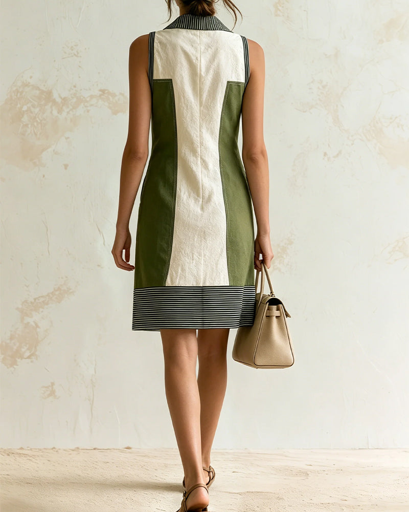 Robe Col En V Revers Bloc De Couleur Rayée Sans Manches
