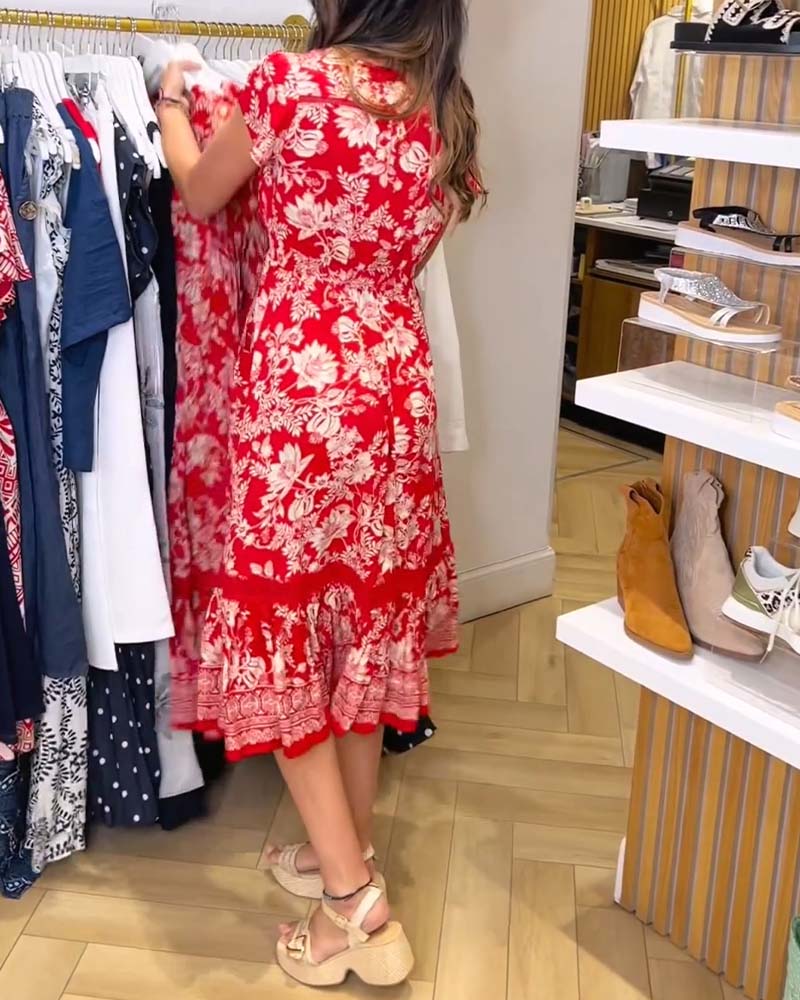 Robe Col V Florale Patchwork A-Ligne