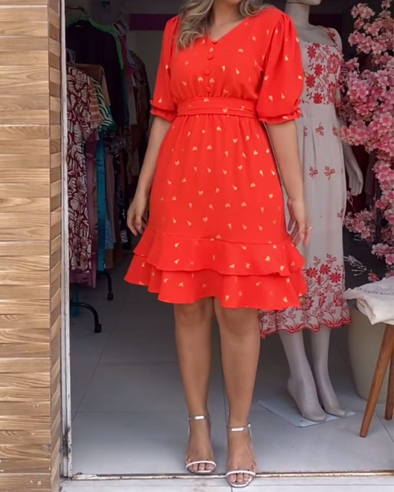 Robe décontractée à manches courtes et col en V imprimée