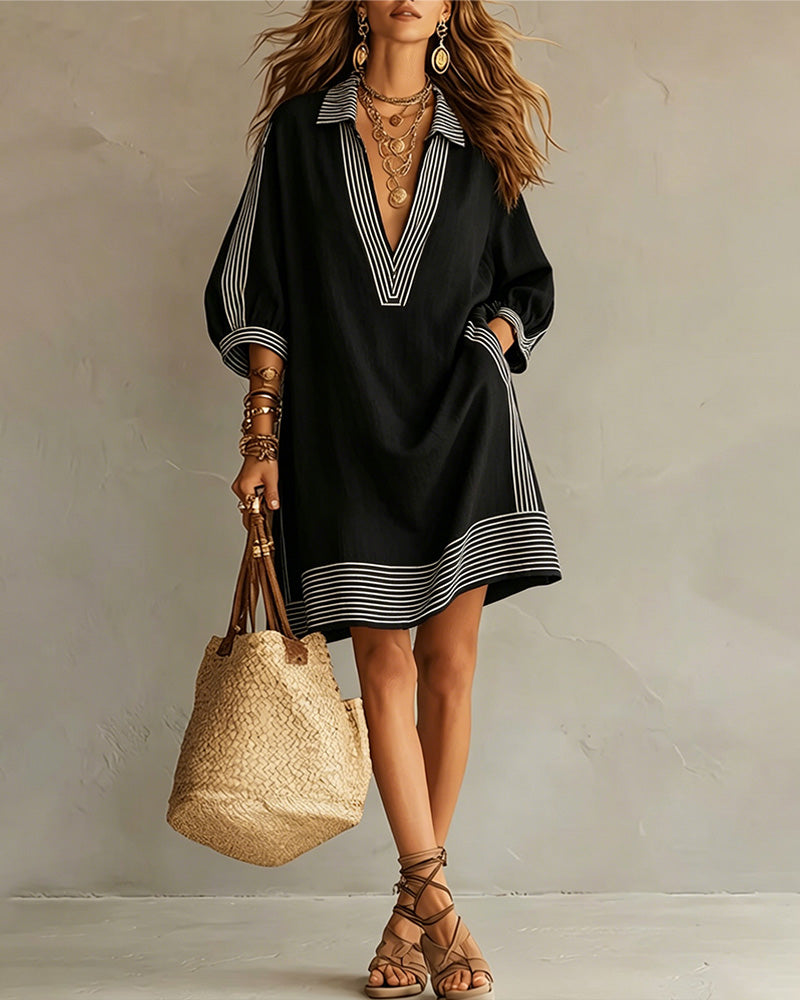 Robe Imprimé Rayé Manche Lanterne Col En V