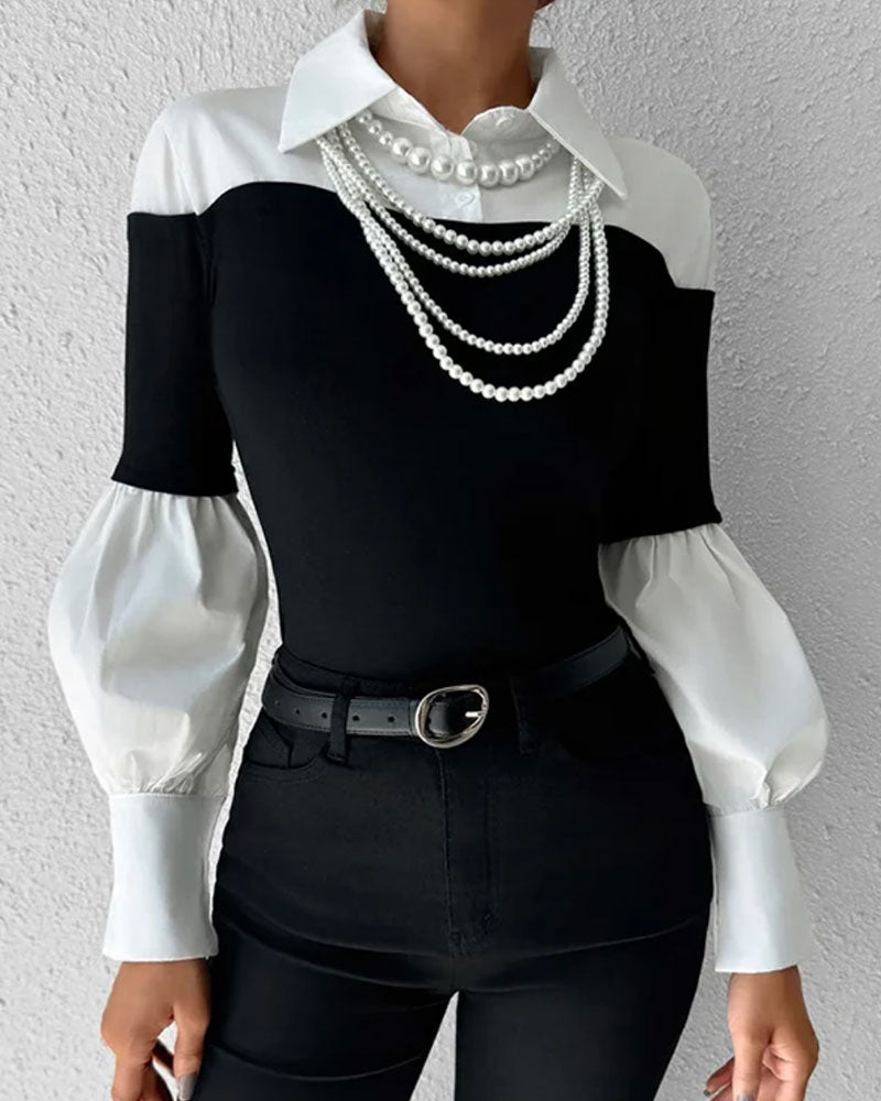 Haut Bloc de Couleur Off-Shoulder Manche Lanterne Patchwork