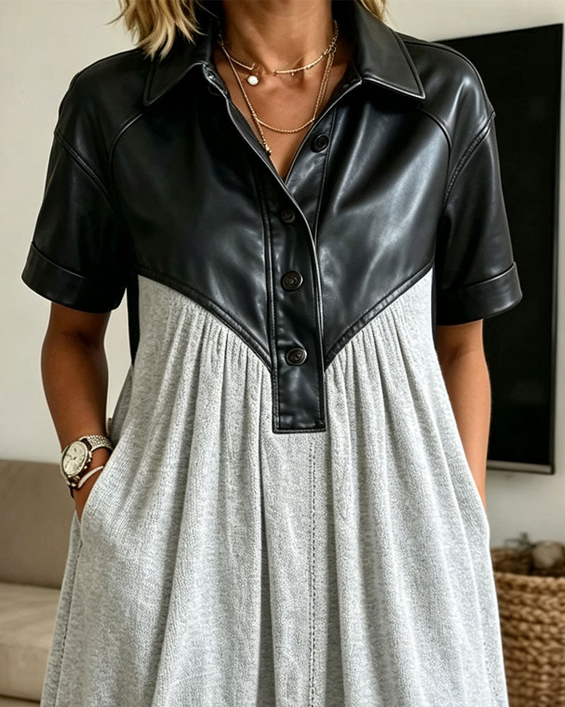 Robe PU Cuir Patchwork Manches Courtes Chemise