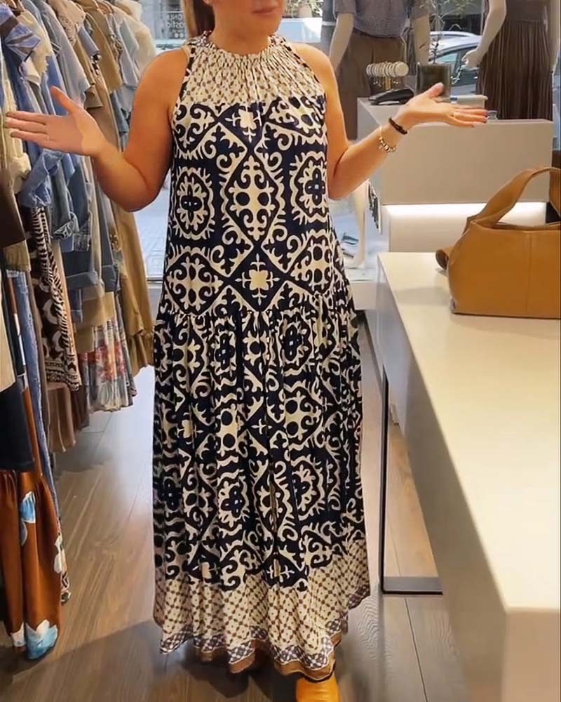 Robe Sans Manches Col Rond Froncée Jupe Ample