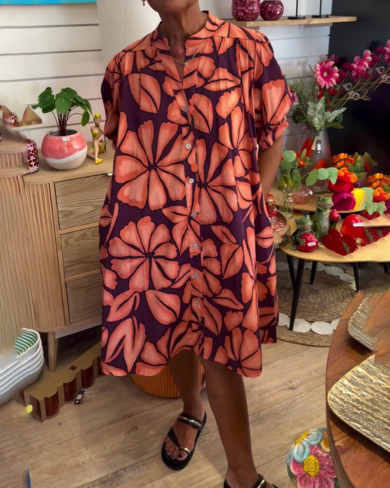Robe Manches Ballon Fleurie Col Montant Chemise