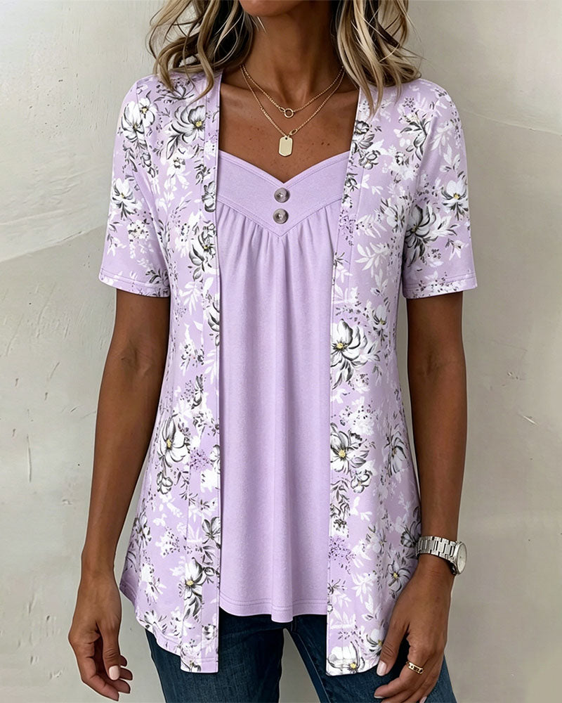 T-Shirt Imprimé Floral Fausse Deux Pièces