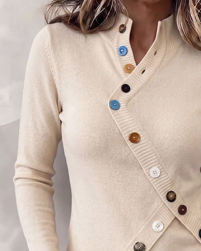 Pullover Col Mandarin Bloc De Couleur Bouton Asymétrique
