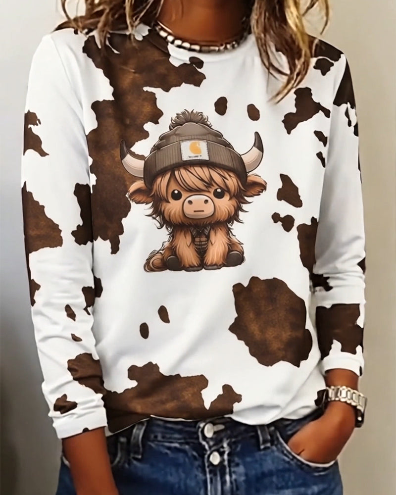 Haut Imprimé Animal Col Rond Manches Longues