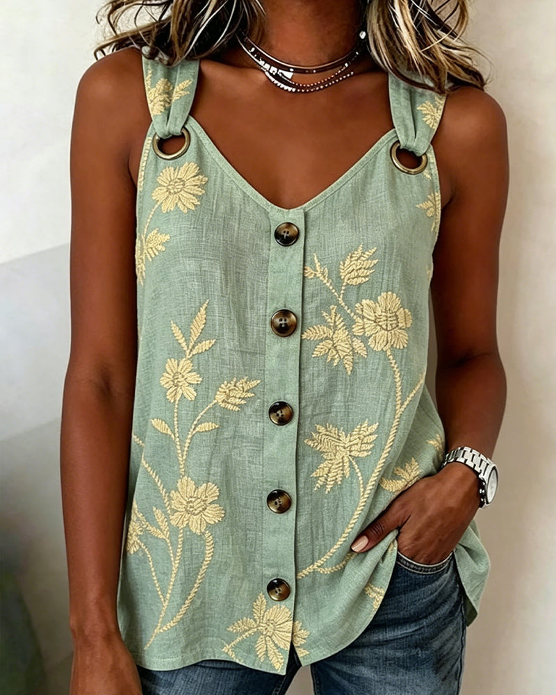 Débardeur Florale Camisole Anneau Métallique