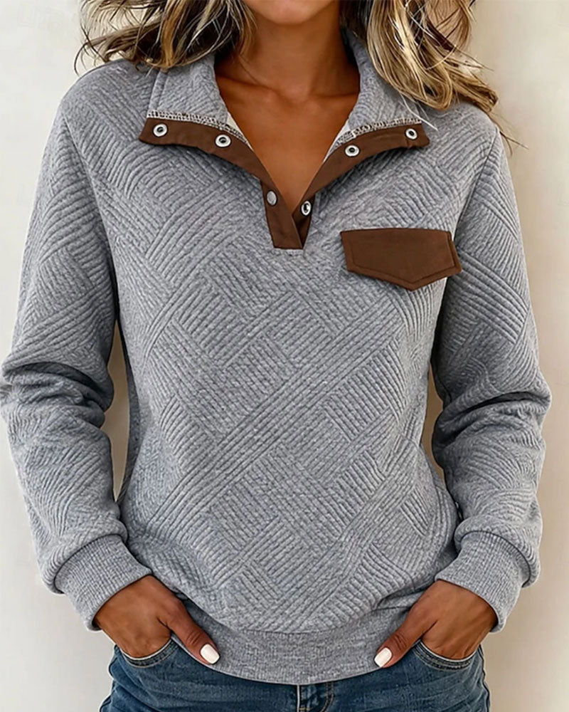 Sweatshirt Diamant Matelassé Jacquard Bloc-Couleur Col Revers