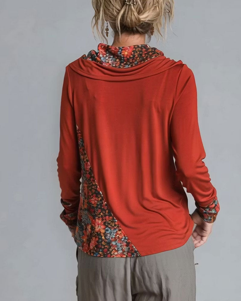 Haut Col Drapé Décontracté Patchwork Manches Longues
