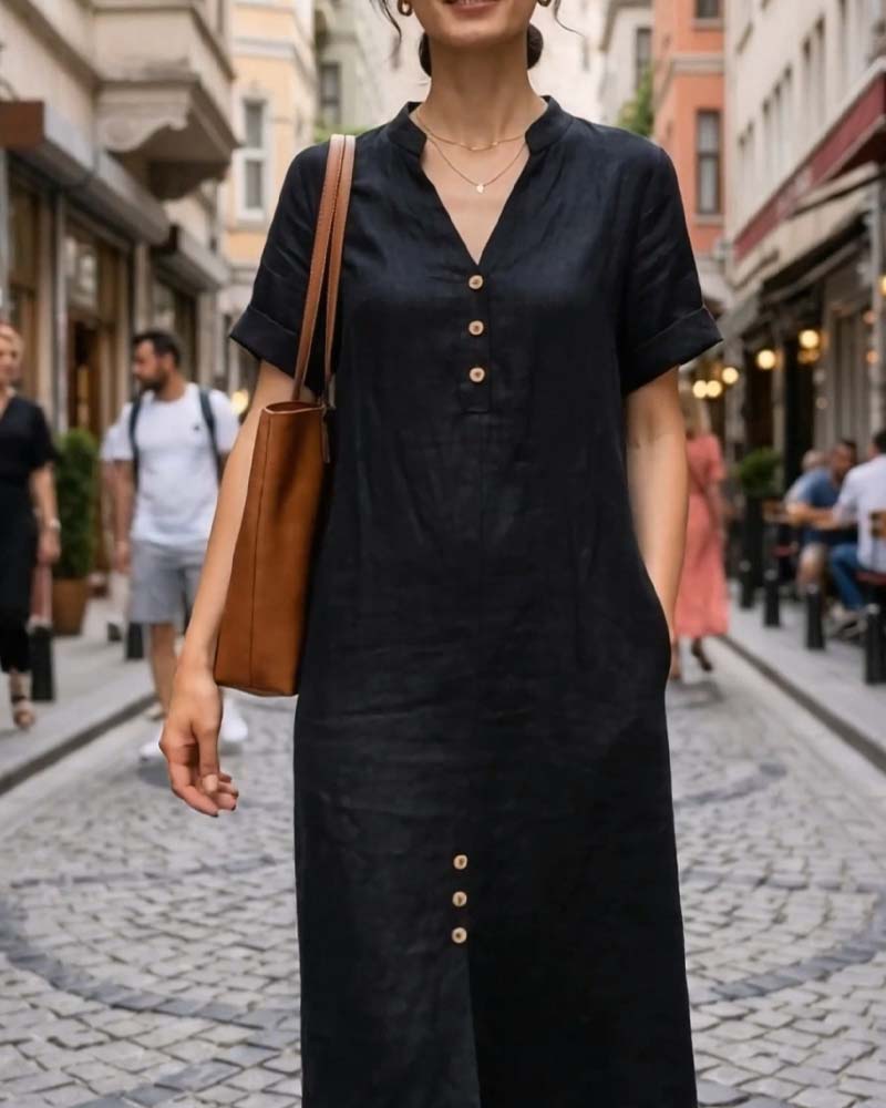Robe Col V Manche Courte Bouton