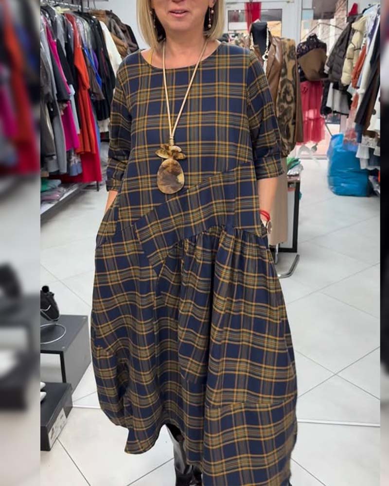 Robe À Carreaux Imprimée À Col Rond