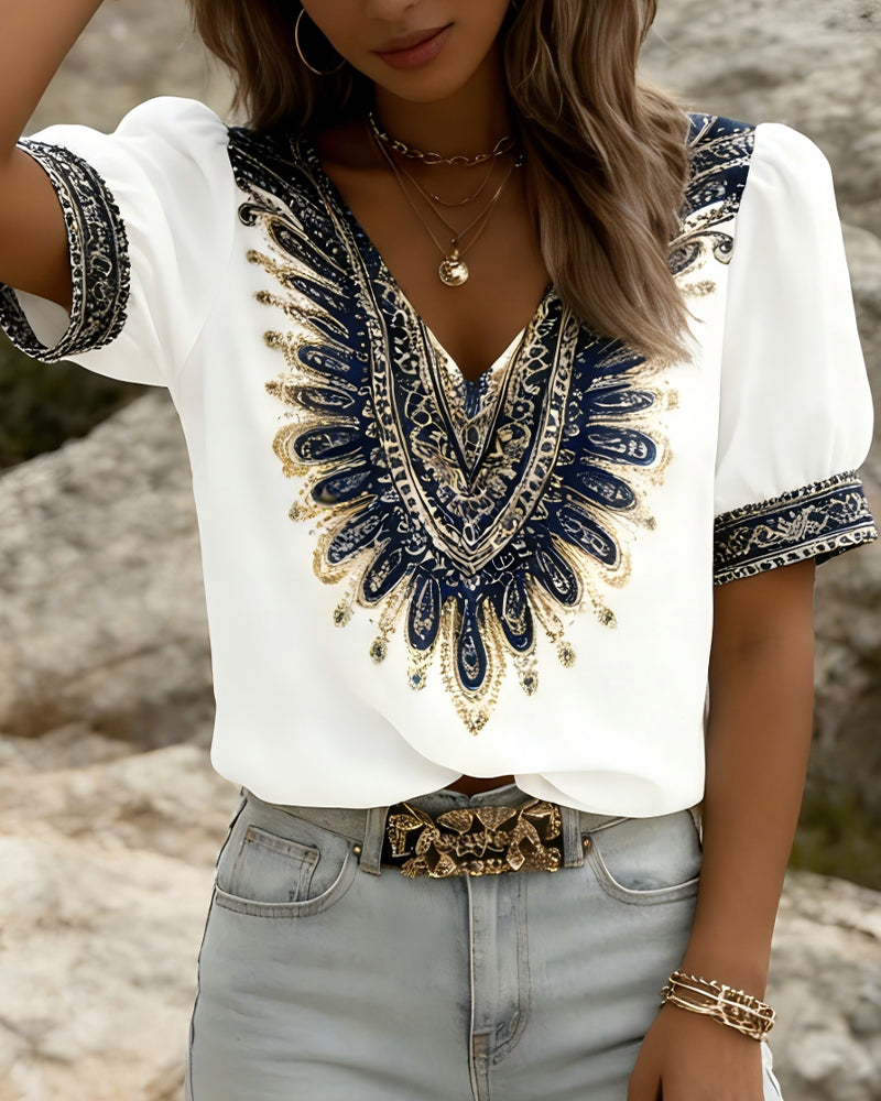 Blouse Imprimé Ethnique Manches Bouffantes