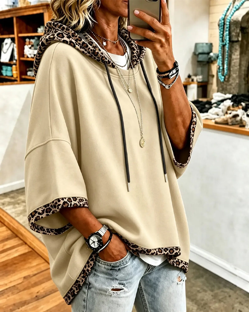 Sweat À Capuche Imprimé Léopard Patchwork Capuche Manches 3/4