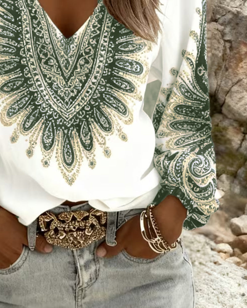 Haut À Col V Et Imprimé Rétro