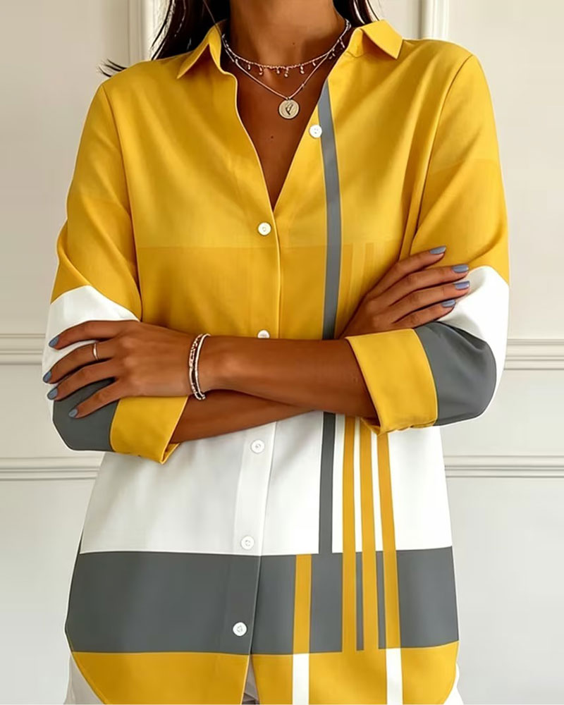 Chemise Géométrique Bloc-Couleur Col Revers Manches Longues