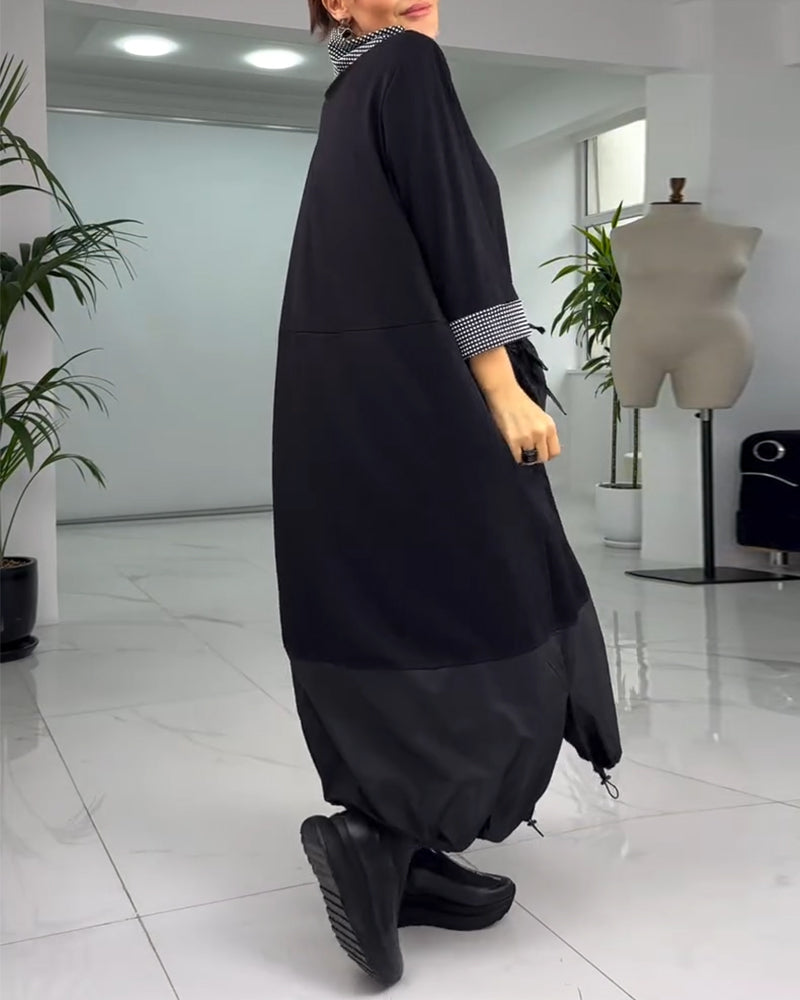 Robe patchwork à carreaux décontractée avec col montant et poche