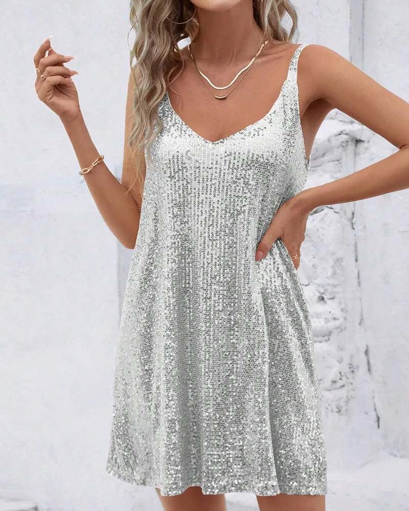 Robe Col V Camisole Paillette
