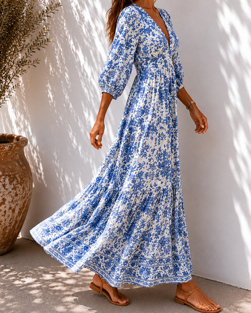 Robes Bleu Porcelaine Imprimé Taille Cintrée