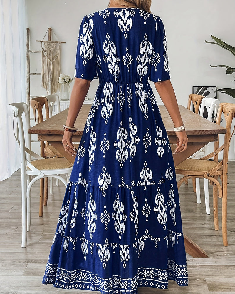 Robe Col En V Imprimé Jupe Ample Taille Haute
