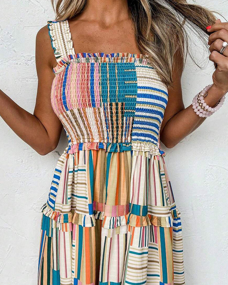 Robe Bretelles Rayée Bloc De Couleur Superposée