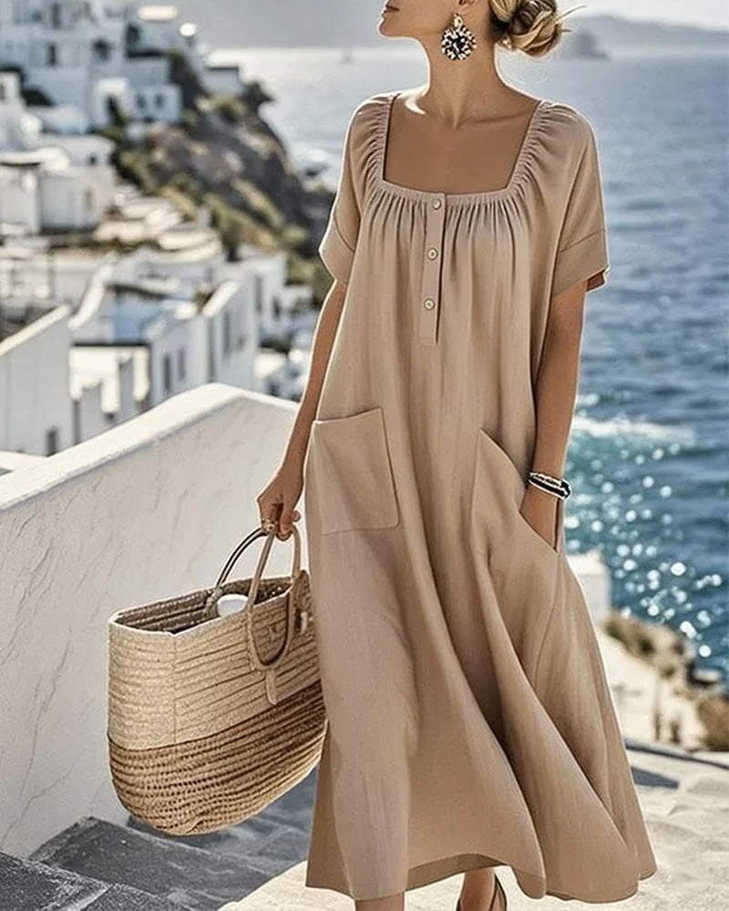 Robe Col Carré Loose Mi-Boutonné Longue