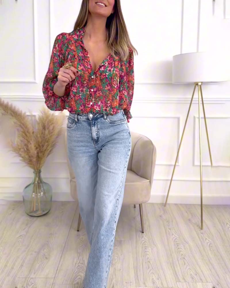 Chemise boutonnée imprimée à manches bouffantes
