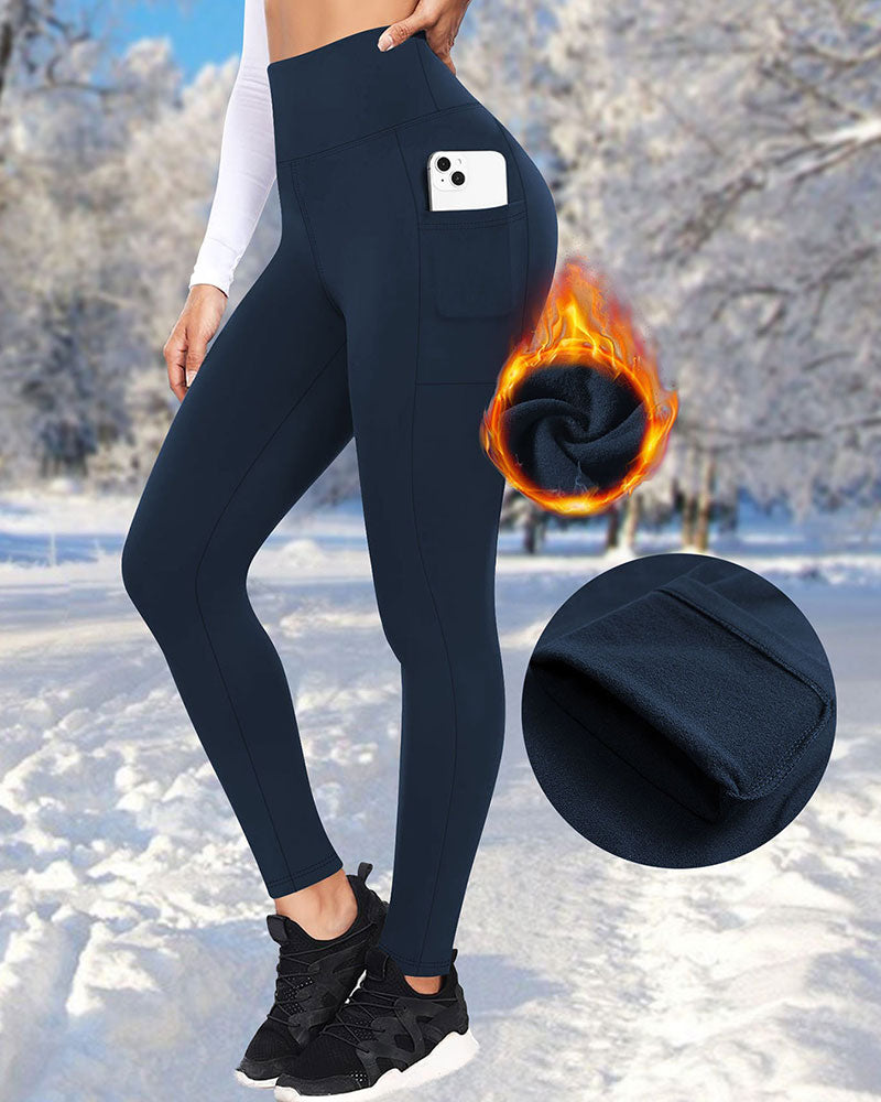 Femme Taille Haute Doublé Polaire Leggings Avec Poches
