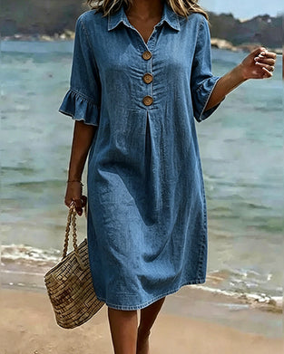 Robe Denim Manches Volantées Chemise