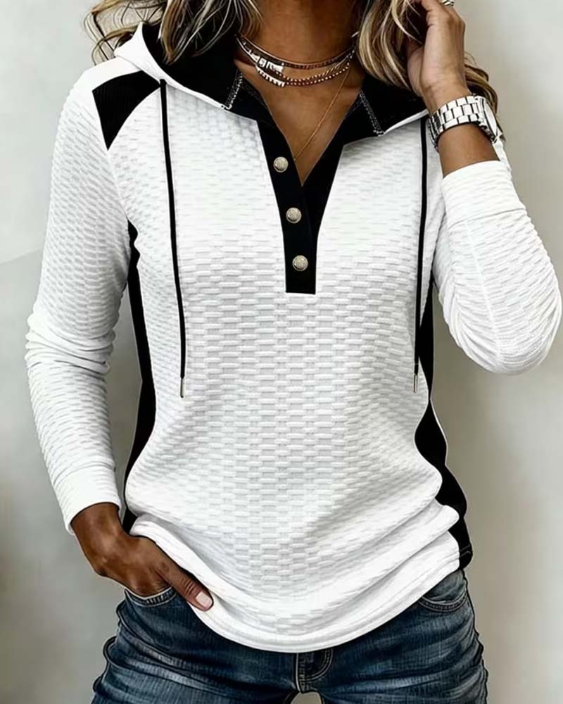 Hoodie Boutonné Cordon Bloc De Couleur