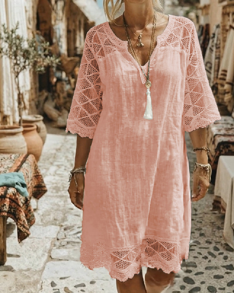 Robe Col V Dentelle Patchwork Décontractée