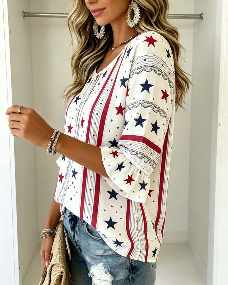 Blouse Imprimée À Lacets Et Manches À Volants