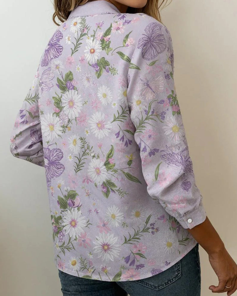 Blouse Imprimé Marguerite Et Papillon Manches Longues