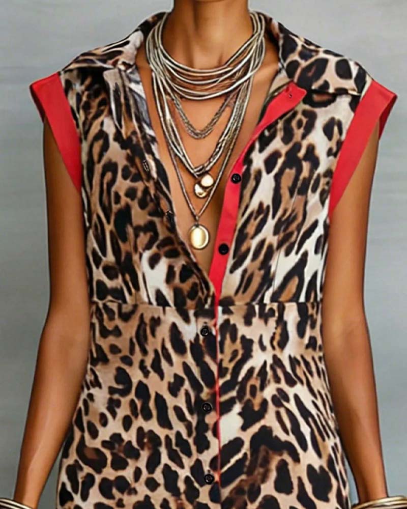 Robe Revers Léopard Imprimé Contraste Maxi