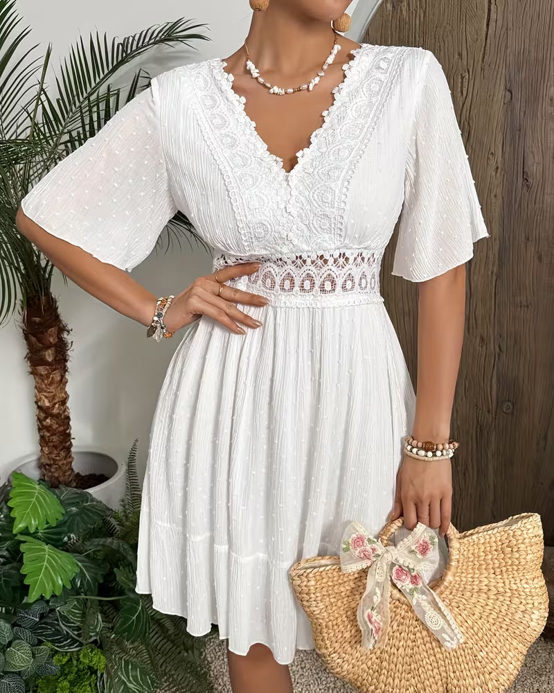 Robe Col En V Dentelle Garniture Taille Coupe A