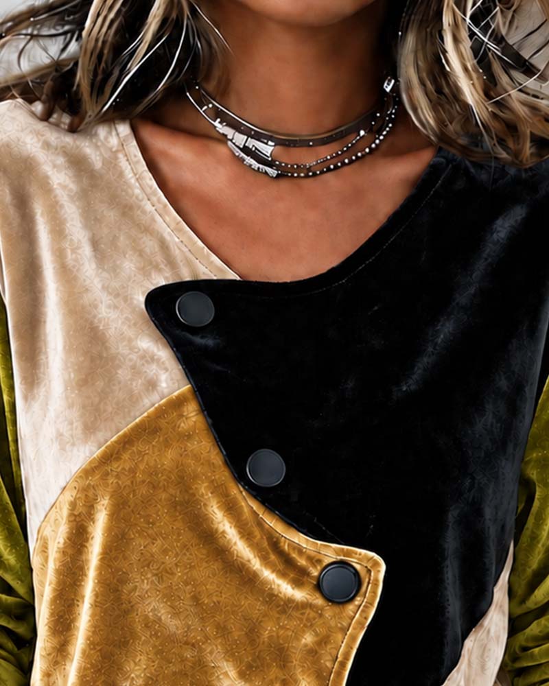Manteau Blocs De Couleurs Velours Bouton Diagonal